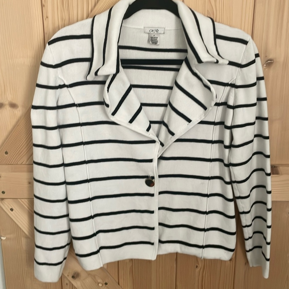 Cache’ Button Down Black And White Striped Sweate… - image 1
